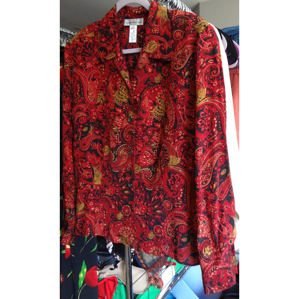 Vintage 90s Y2K Evan Picone Red Paisley SILK Button Down Blouse Plus 16 Boho - Picture 9 of 9